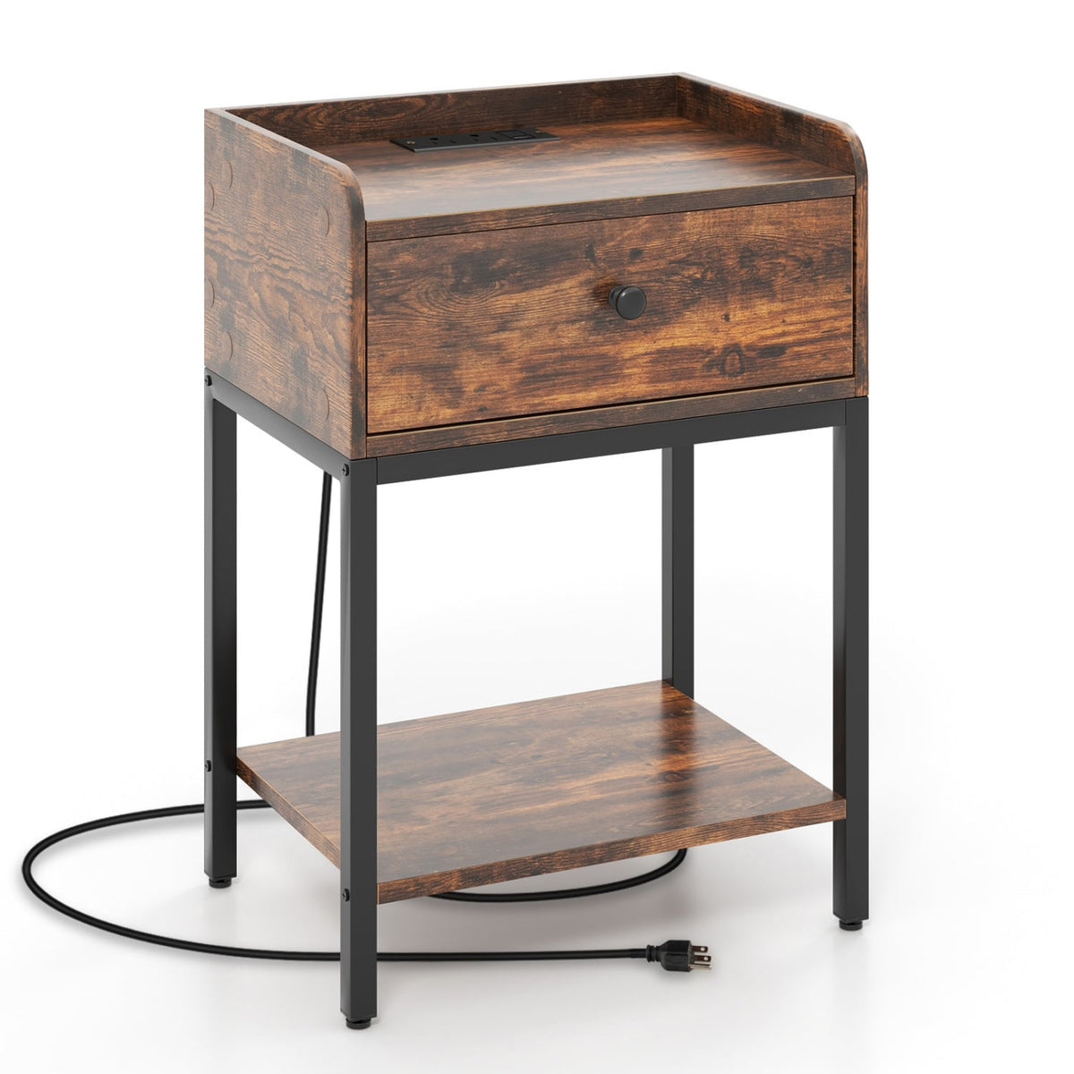 Industrial Bedside Table Nightstand with Charging Station-Rustic Brown-Nightstands-DECOROLALA