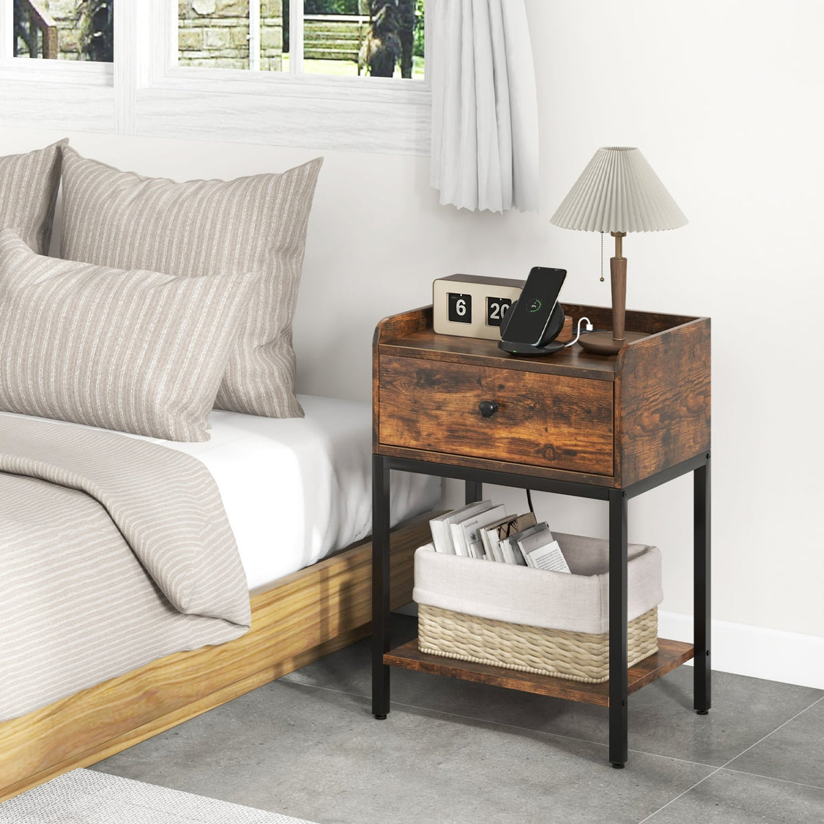 Industrial Bedside Table Nightstand with Charging Station-Rustic Brown-Nightstands-DECOROLALA