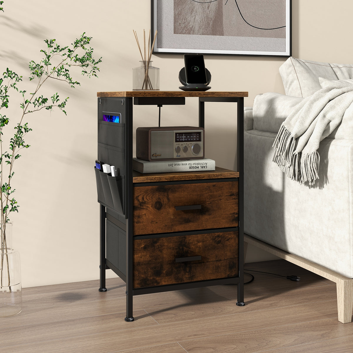Industrial Bedside Table with USB Ports and AC Outlets for Bedroom Living Room-1 Piece-Nightstands-DECOROLALA