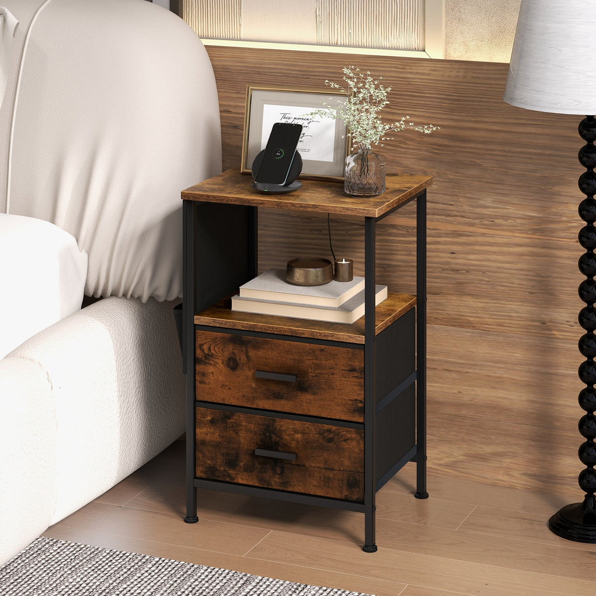 Industrial Bedside Table with USB Ports and AC Outlets for Bedroom Living Room-1 Piece-Nightstands-DECOROLALA