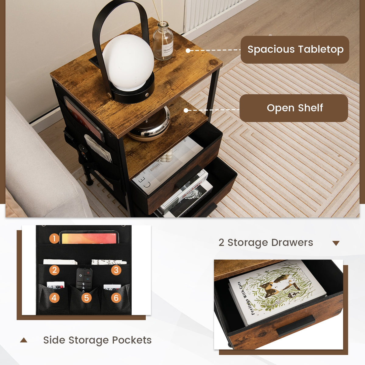 Industrial Bedside Table with USB Ports and AC Outlets for Bedroom Living Room-1 Piece-Nightstands-DECOROLALA