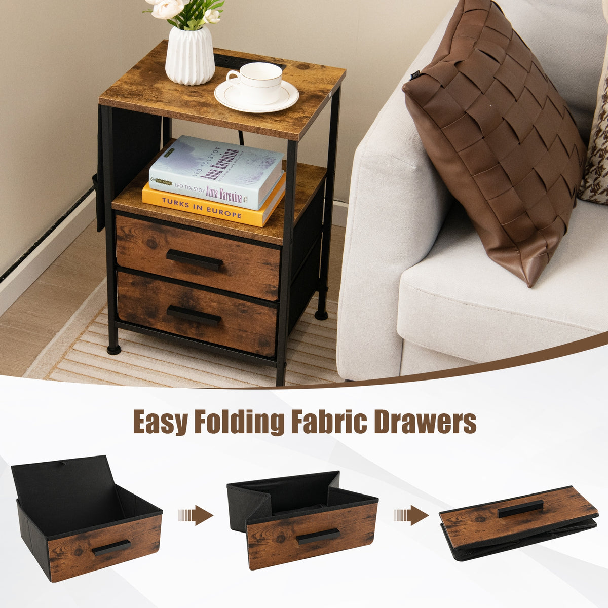 Industrial Bedside Table with USB Ports and AC Outlets for Bedroom Living Room-1 Piece-Nightstands-DECOROLALA