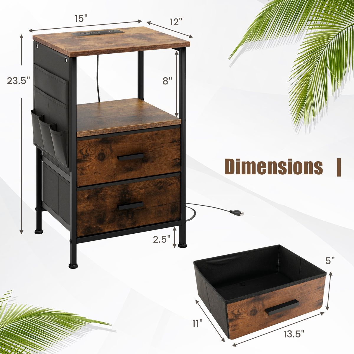 Industrial Bedside Table with USB Ports and AC Outlets for Bedroom Living Room-Set of 2-Nightstands-DECOROLALA