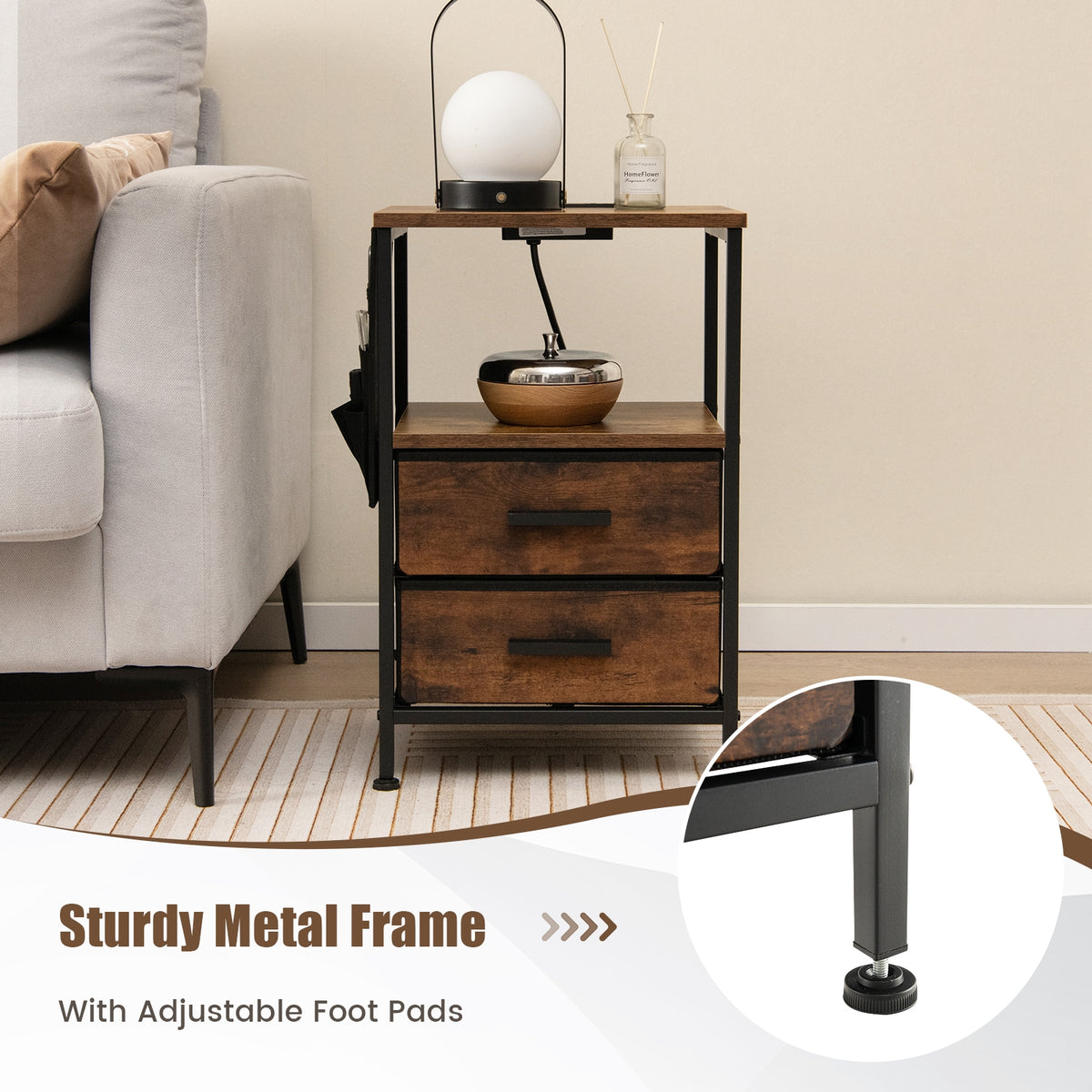 Industrial Bedside Table with USB Ports and AC Outlets for Bedroom Living Room-Set of 2-Nightstands-DECOROLALA