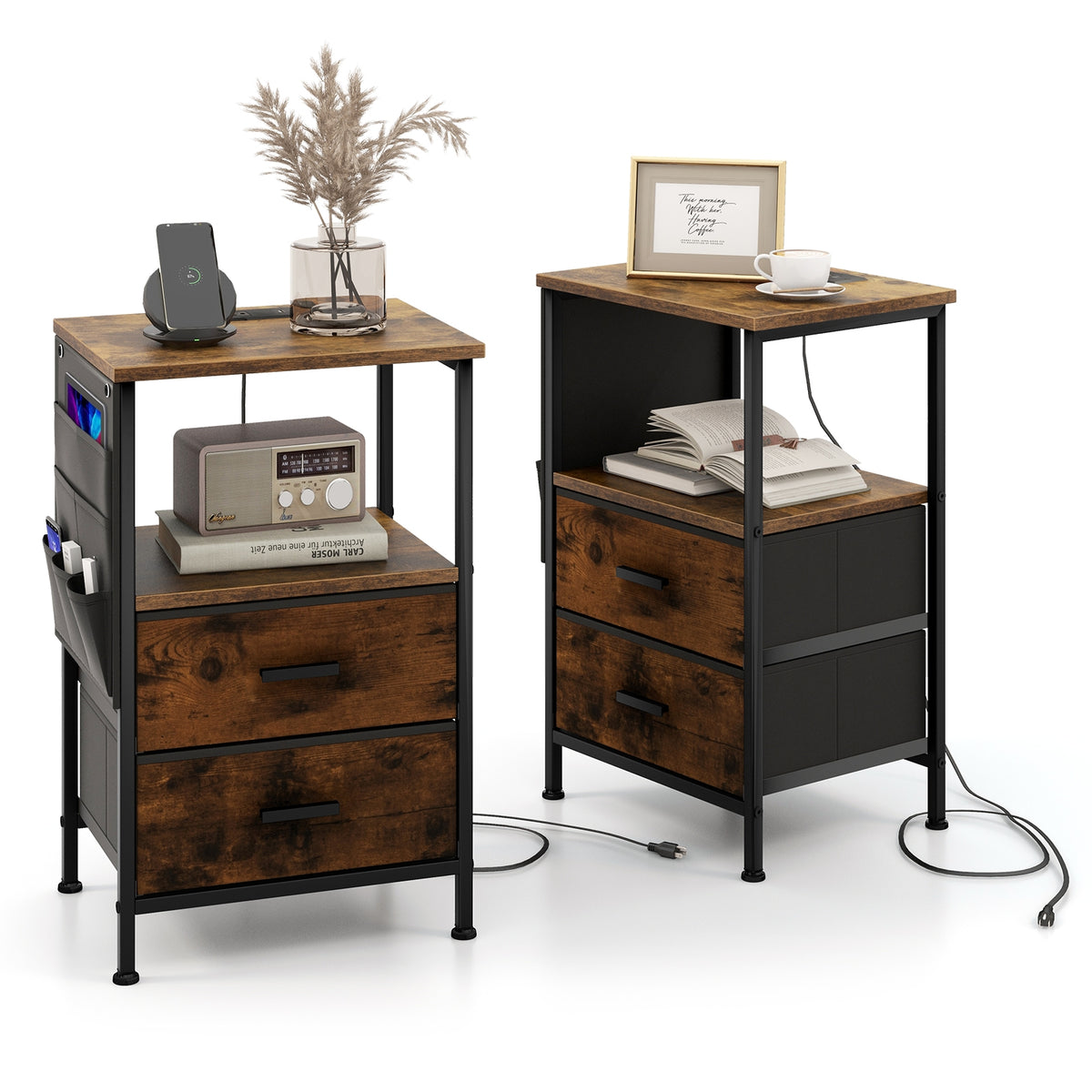 Industrial Bedside Table with USB Ports and AC Outlets for Bedroom Living Room-Set of 2-Nightstands-DECOROLALA