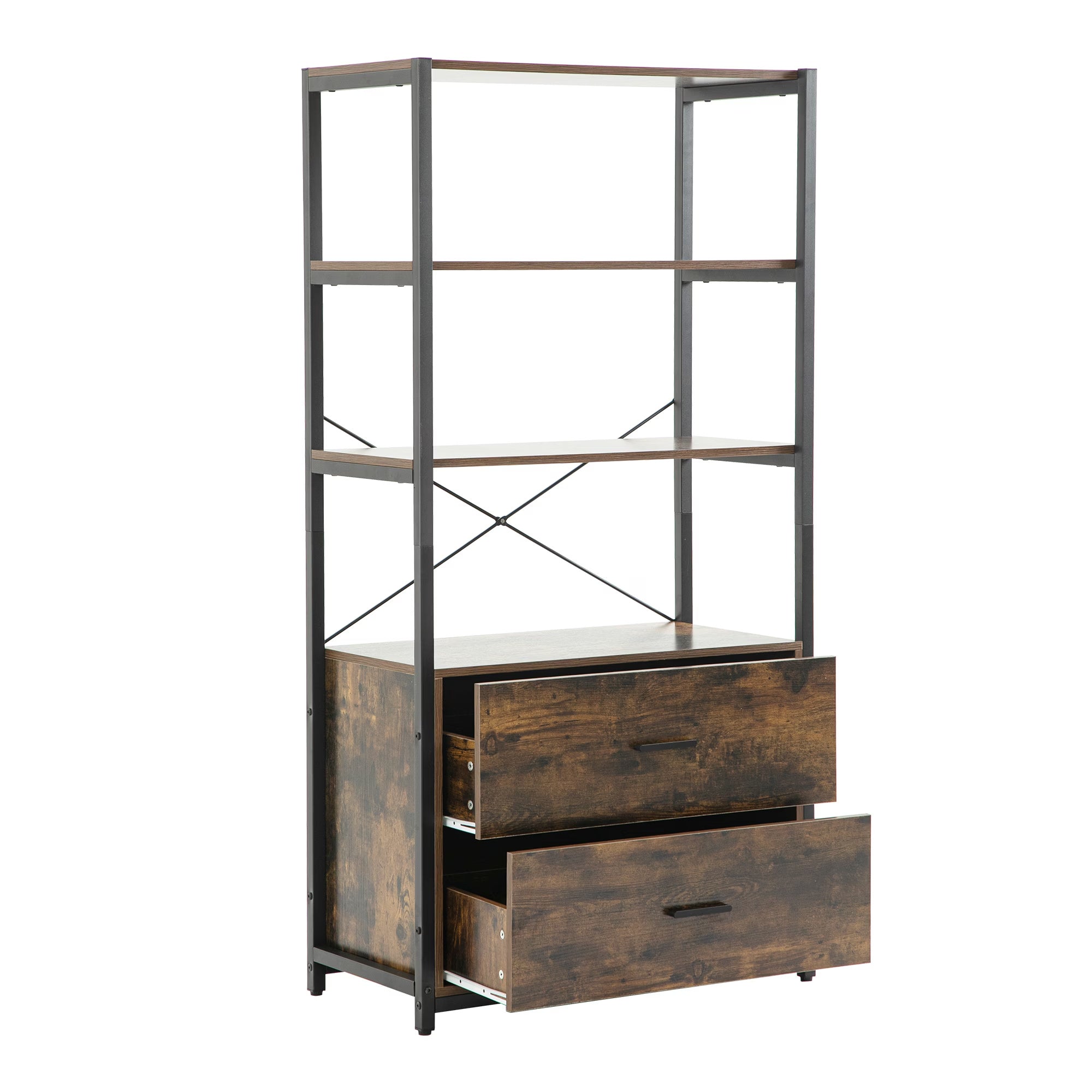 Industrial Bookcase With File Cabinet Drawers, 62.7 In Tall Bookshelf-Bookcase-DECOROLALA