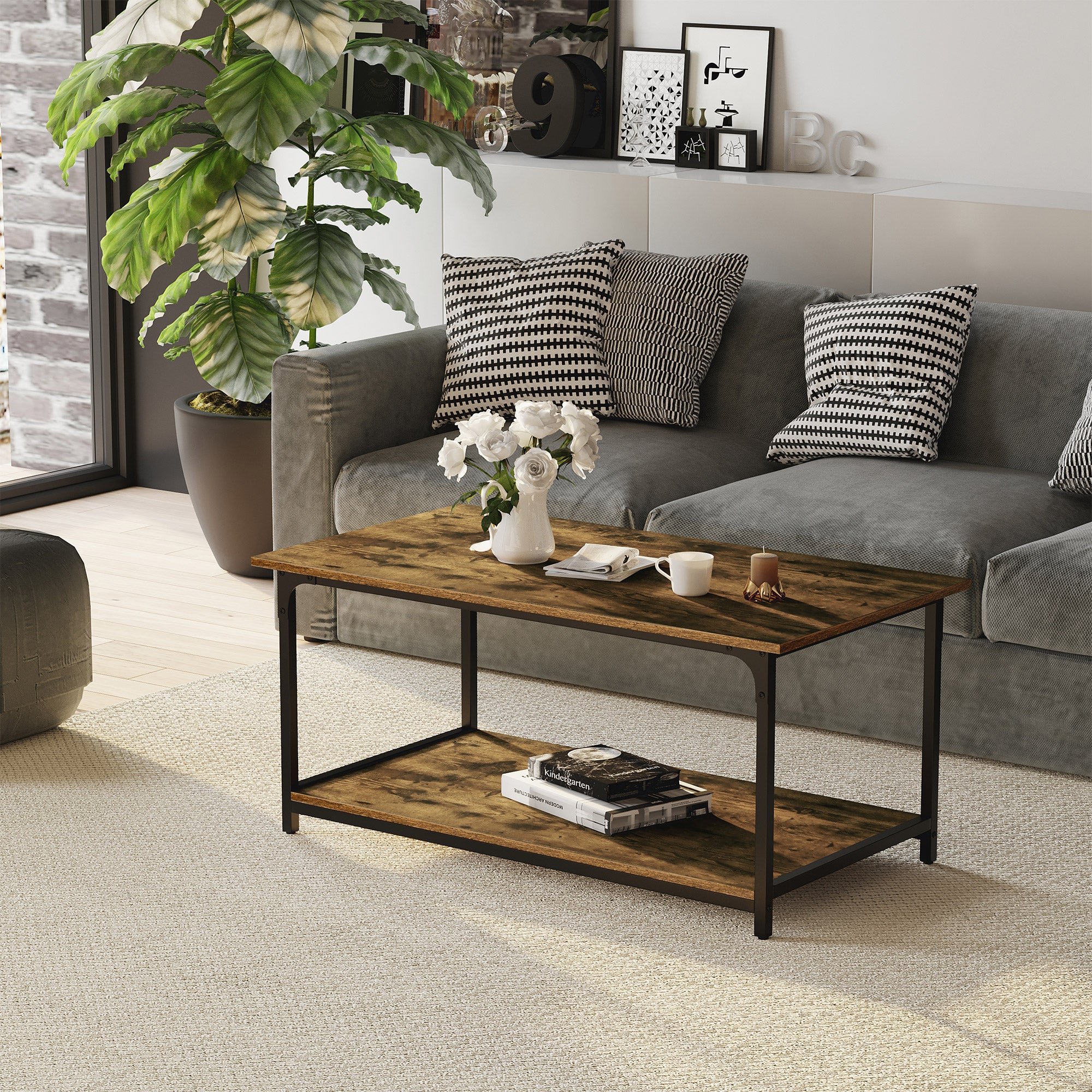 Industrial Coffee Table with Storage Shelf, 2-tier Center Table for Living Room, Rustic Brown-Home Furnishings > Living Room Furniture > Coffee Tables-DECOROLALA