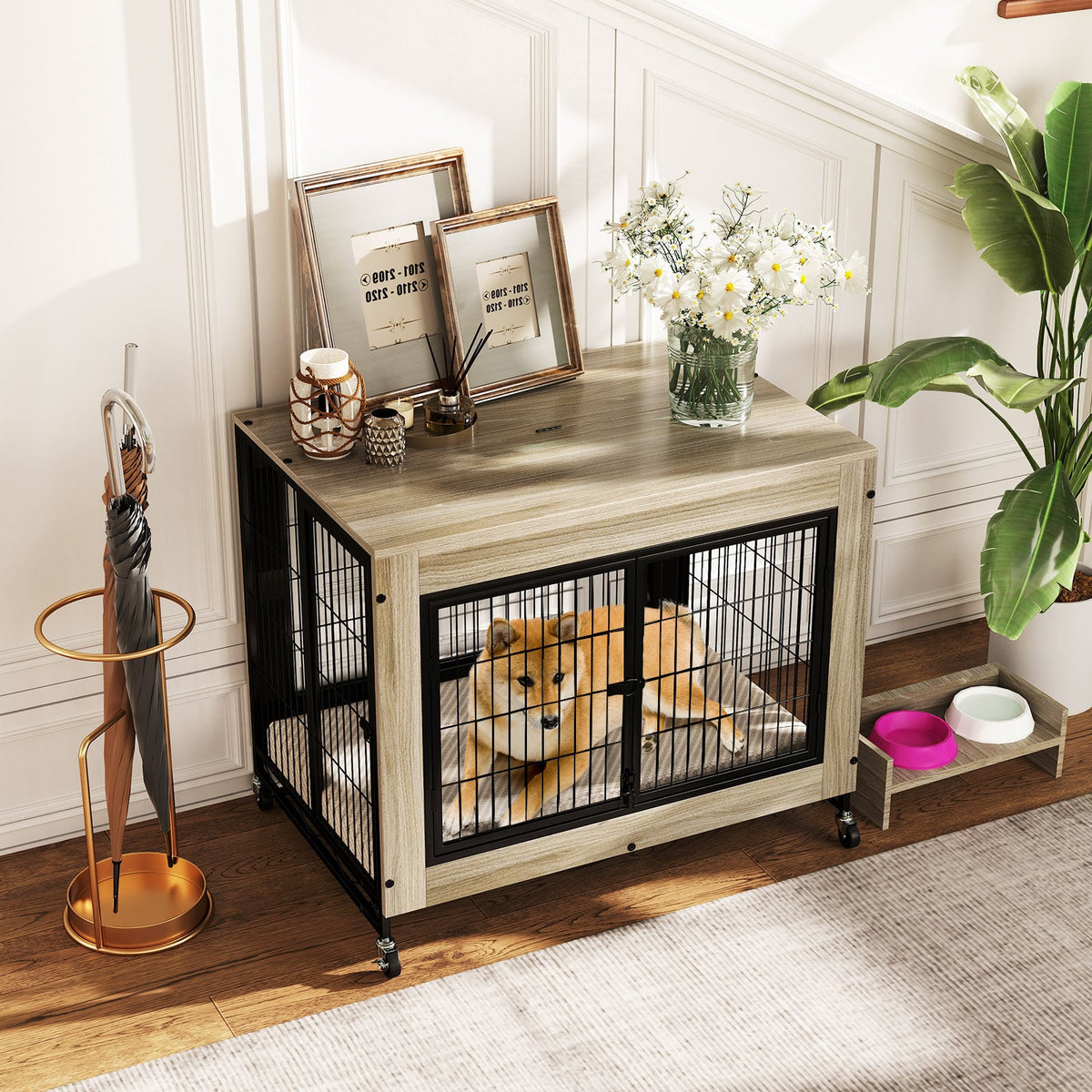 Industrial Dog Kennel with Flip-up Top 3 Lockable Doors and Removable Tray-Gray-Dog Kennels-DECOROLALA