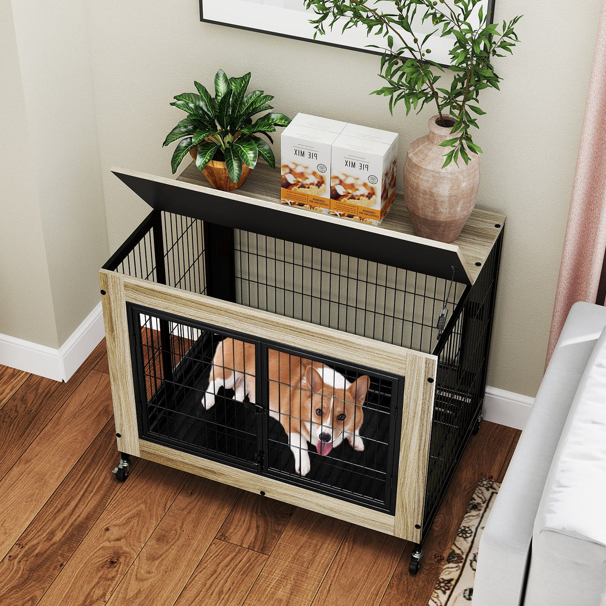 Industrial Dog Kennel with Flip-up Top 3 Lockable Doors and Removable Tray-Gray-Dog Kennels-DECOROLALA