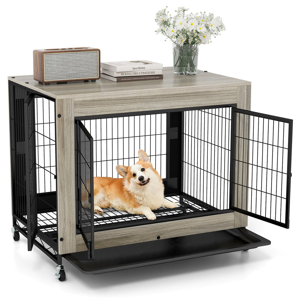 Industrial Dog Kennel with Flip-up Top 3 Lockable Doors and Removable Tray-Gray-Dog Kennels-DECOROLALA