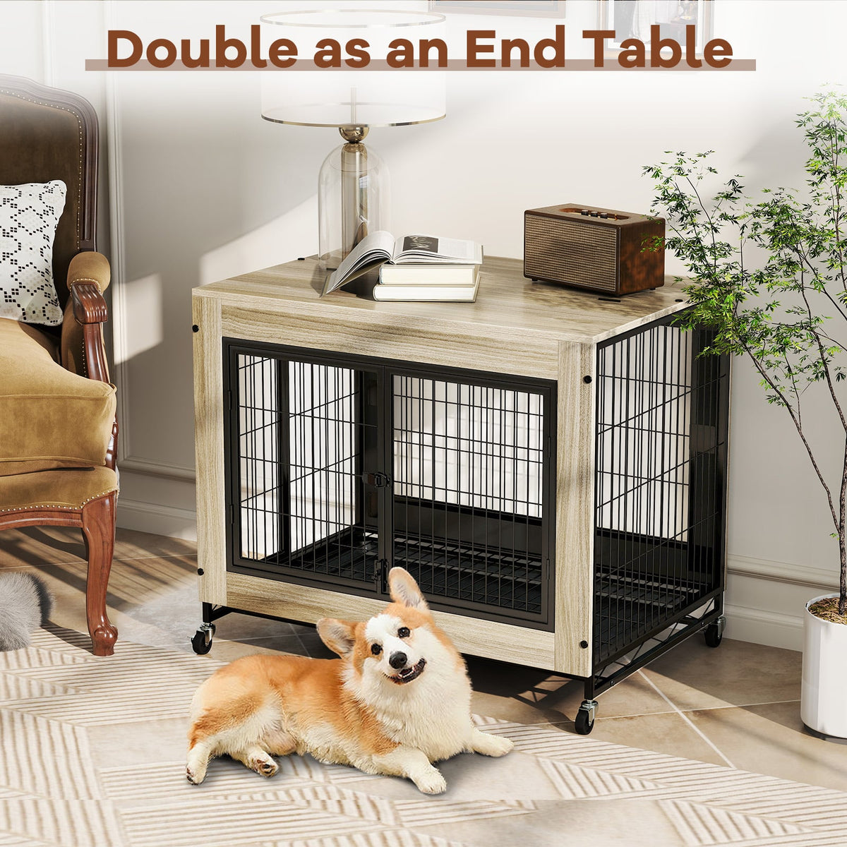 Industrial Dog Kennel with Flip-up Top 3 Lockable Doors and Removable Tray-Gray-Dog Kennels-DECOROLALA