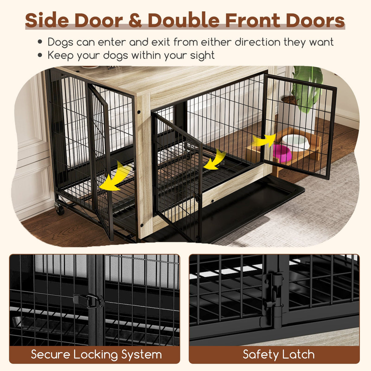 Industrial Dog Kennel with Flip-up Top 3 Lockable Doors and Removable Tray-Gray-Dog Kennels-DECOROLALA