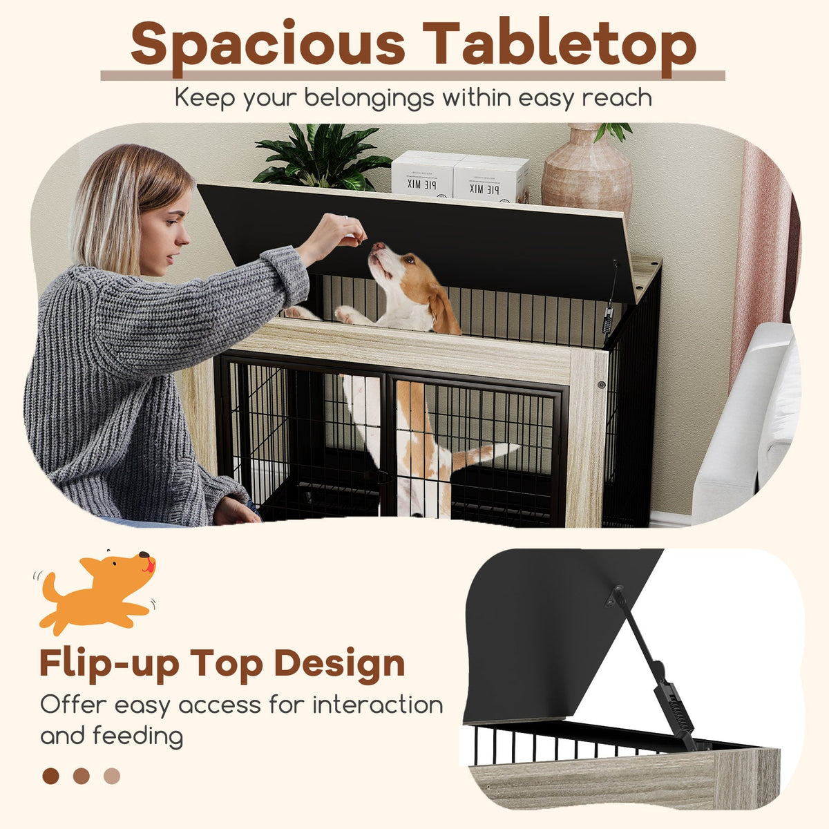 Industrial Dog Kennel with Flip-up Top 3 Lockable Doors and Removable Tray-Gray-Dog Kennels-DECOROLALA