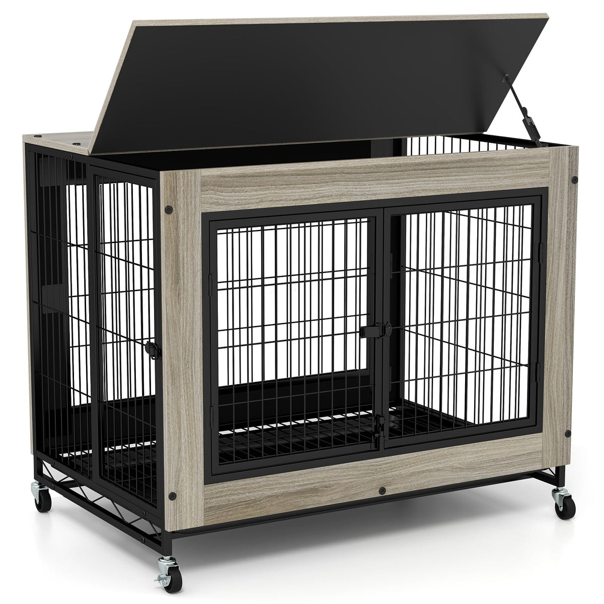 Industrial Dog Kennel with Flip-up Top 3 Lockable Doors and Removable Tray-Gray-Dog Kennels-DECOROLALA
