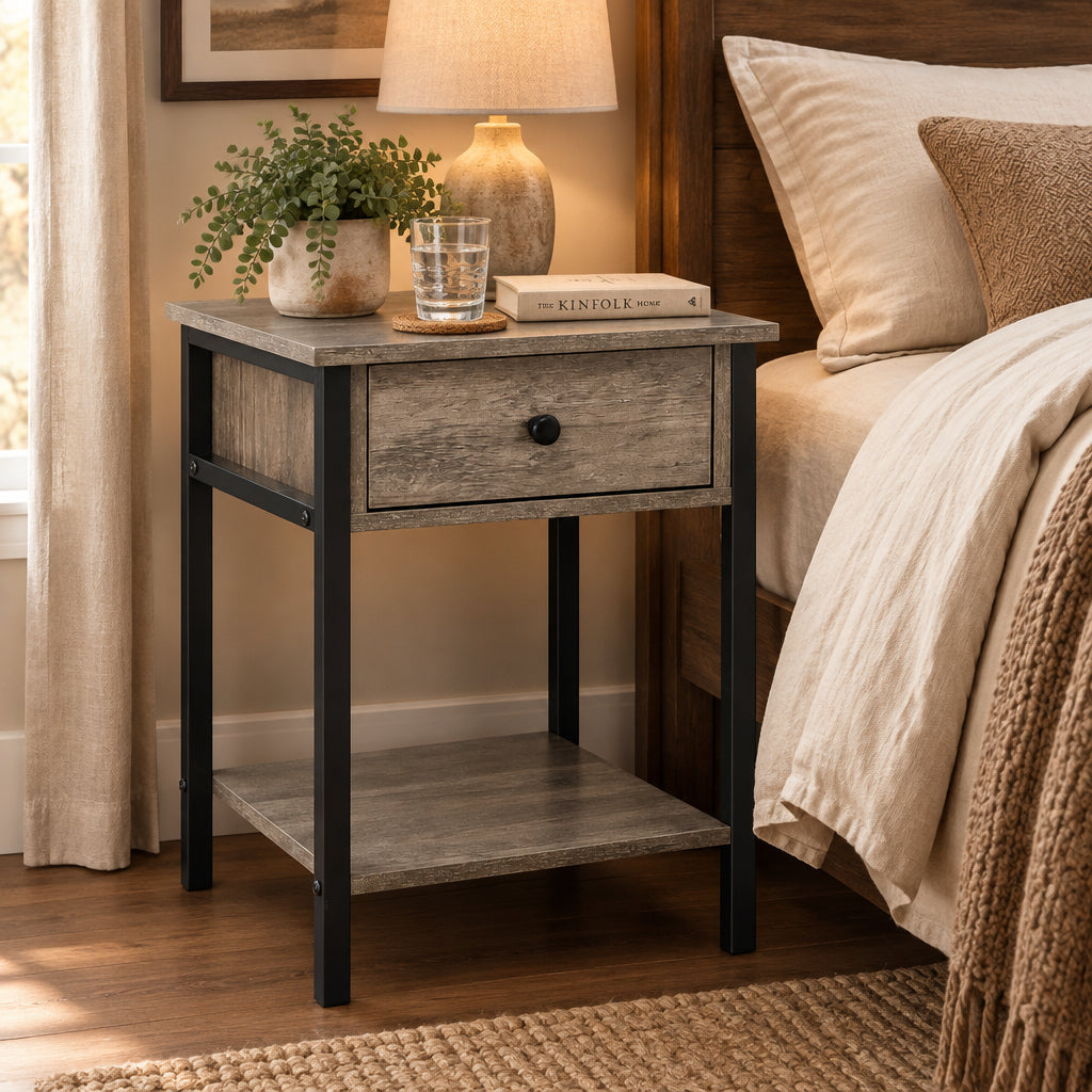 Industrial End Side Table Nightstand with Drawer Shelf-Natural-Nightstands-DECOROLALA