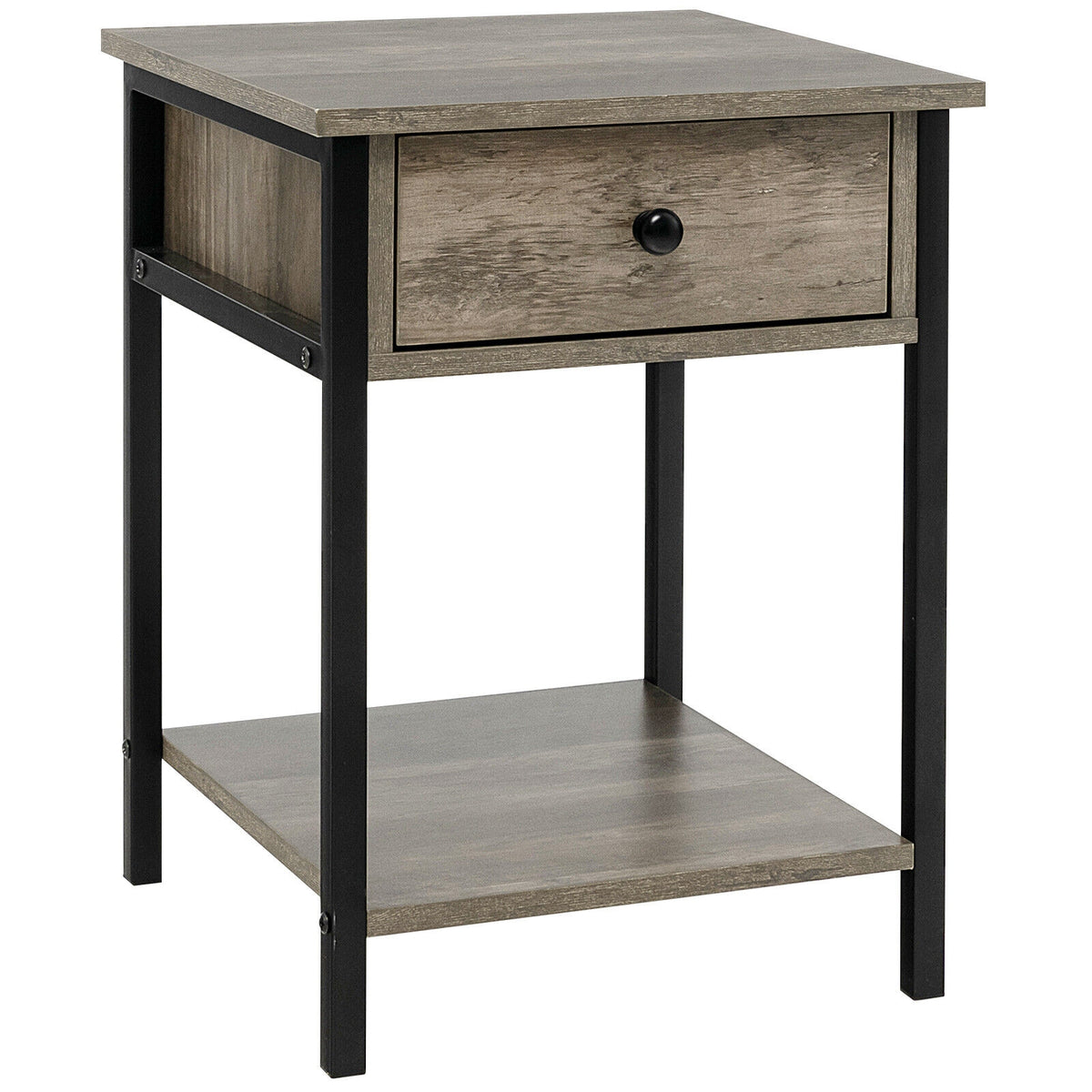 Industrial End Side Table Nightstand with Drawer Shelf-Natural-Nightstands-DECOROLALA