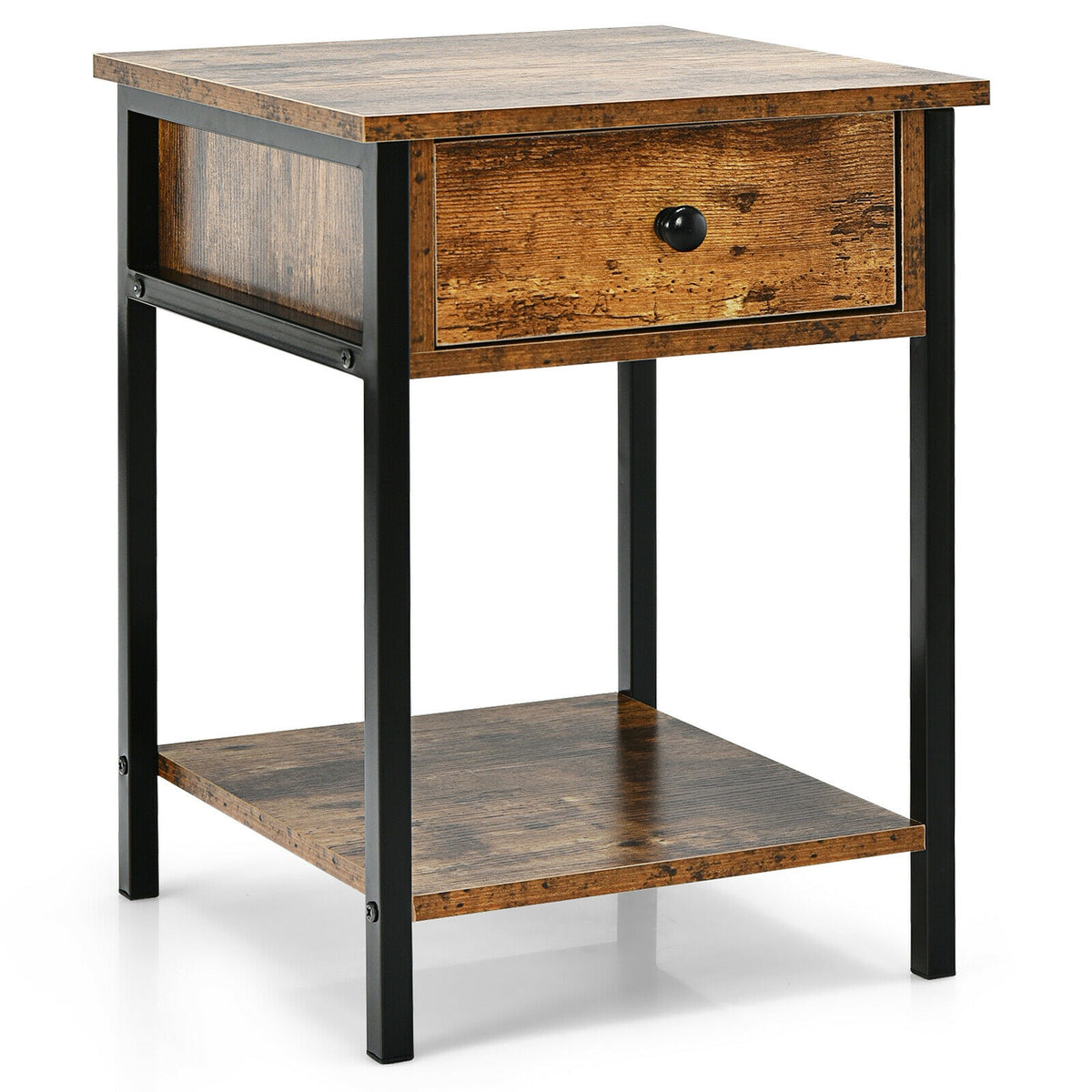 Industrial End Side Table Nightstand with Drawer Shelf-Rustic Brown-Nightstands-DECOROLALA