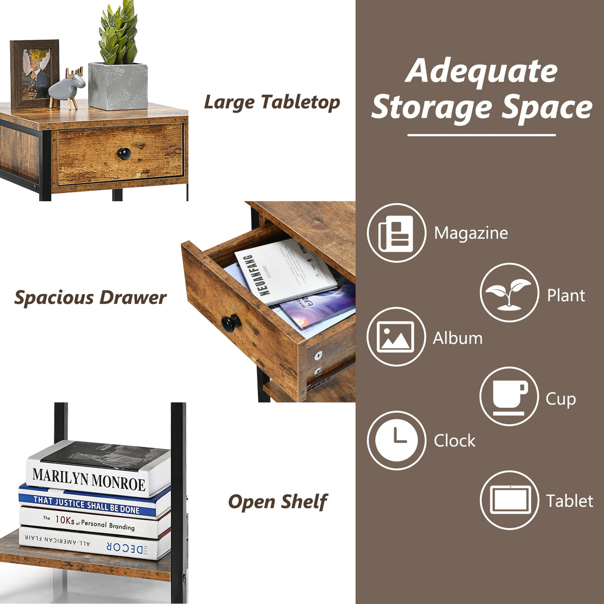 Industrial End Side Table Nightstand with Drawer Shelf-Rustic Brown-Nightstands-DECOROLALA
