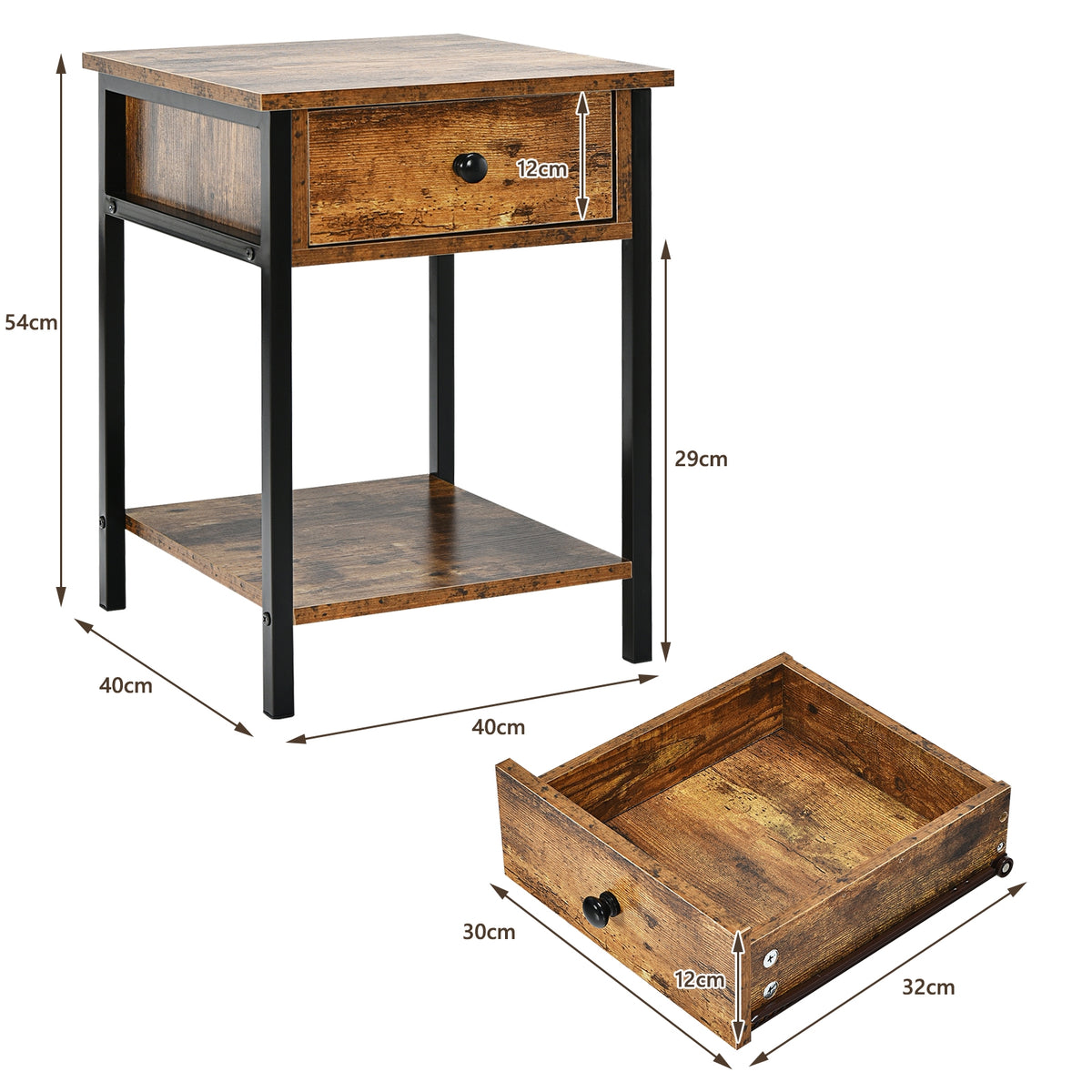 Industrial End Side Table Nightstand with Drawer Shelf-Rustic Brown-Nightstands-DECOROLALA