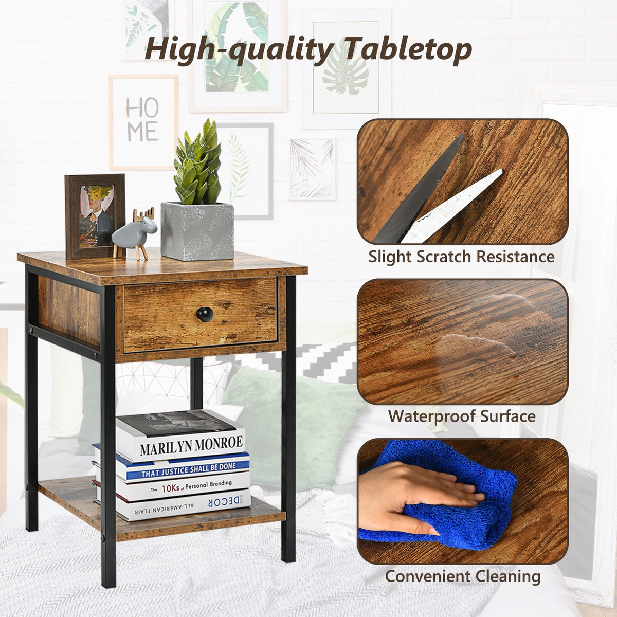 Industrial End Side Table Nightstand with Drawer Shelf-Rustic Brown-Nightstands-DECOROLALA