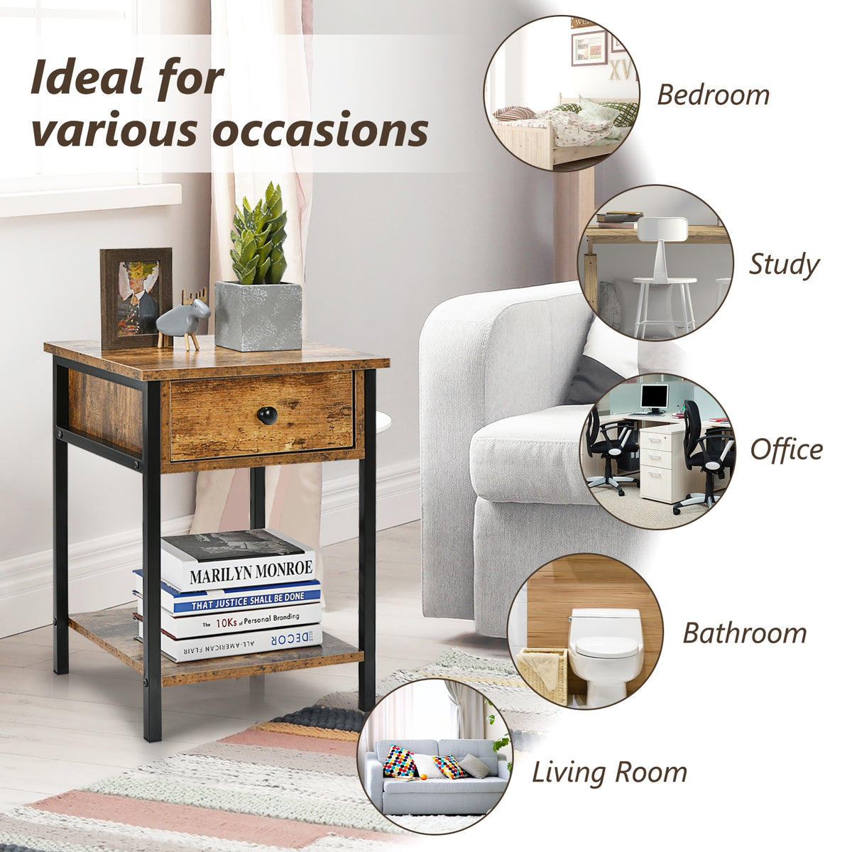 Industrial End Side Table Nightstand with Drawer Shelf-Rustic Brown-Nightstands-DECOROLALA