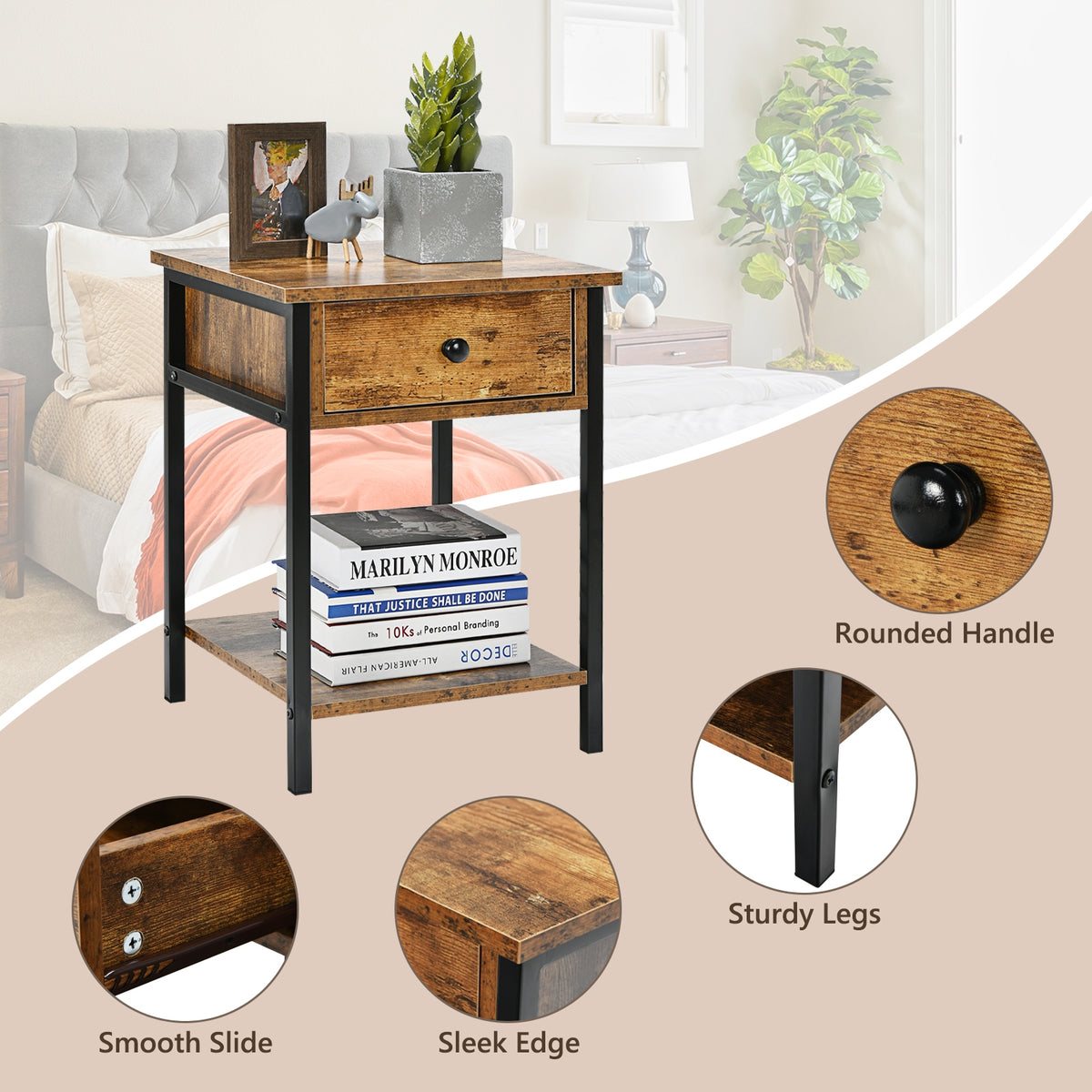 Industrial End Side Table Nightstand with Drawer Shelf-Rustic Brown-Nightstands-DECOROLALA