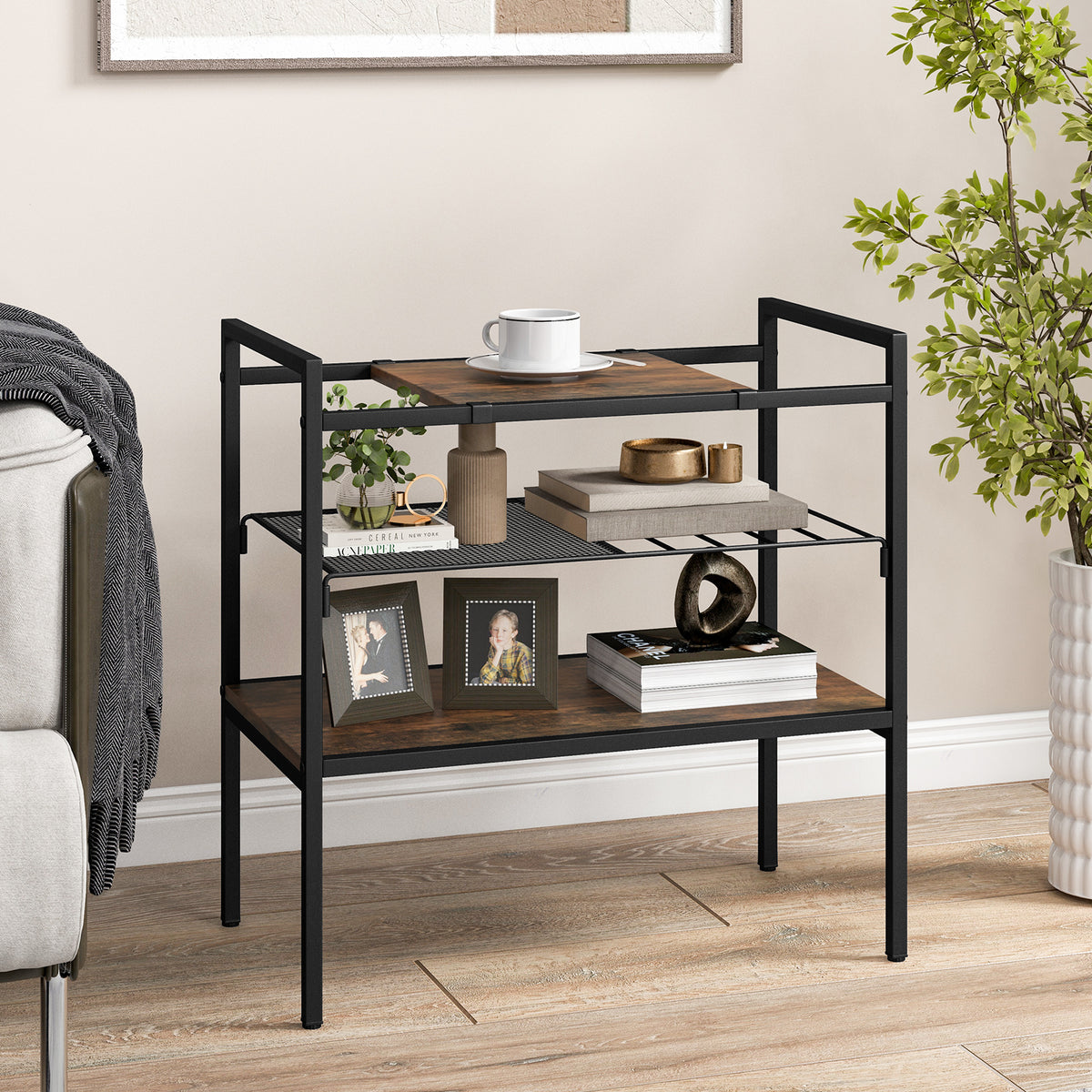 Industrial Entryway Table with Removable Panel and Mesh Shelf-Rustic Brown-End & Side Tables-DECOROLALA