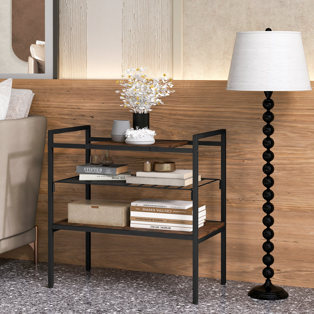 Industrial Entryway Table with Removable Panel and Mesh Shelf-Rustic Brown-End & Side Tables-DECOROLALA