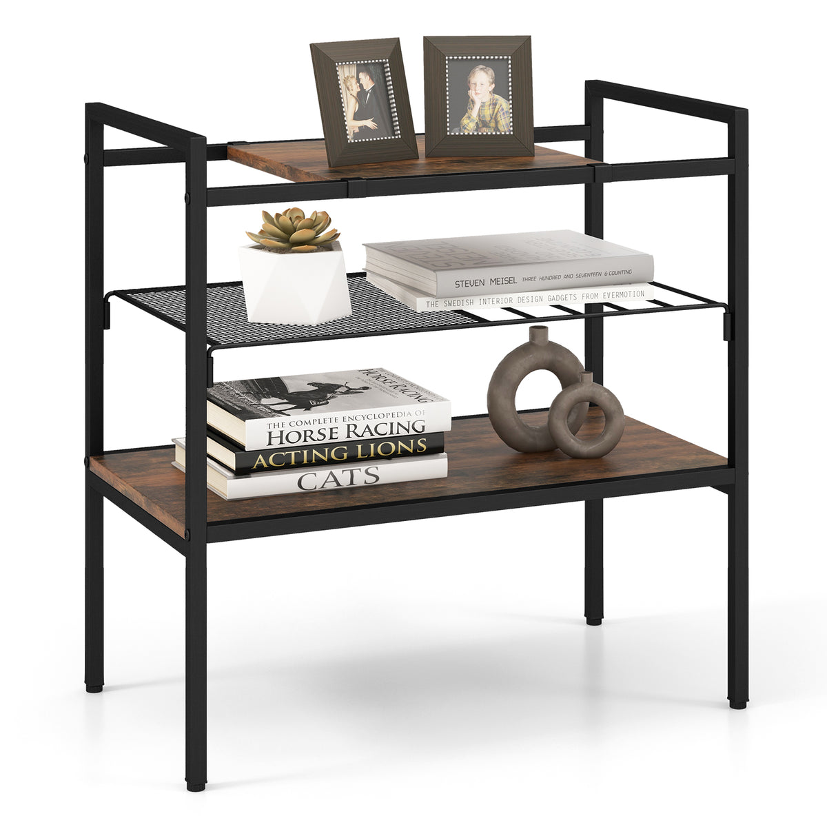 Industrial Entryway Table with Removable Panel and Mesh Shelf-Rustic Brown-End & Side Tables-DECOROLALA