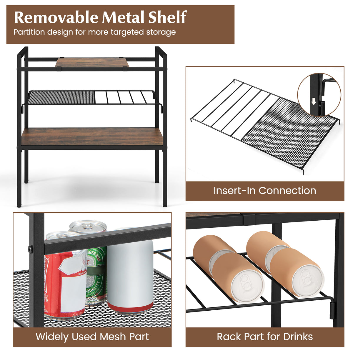 Industrial Entryway Table with Removable Panel and Mesh Shelf-Rustic Brown-End & Side Tables-DECOROLALA
