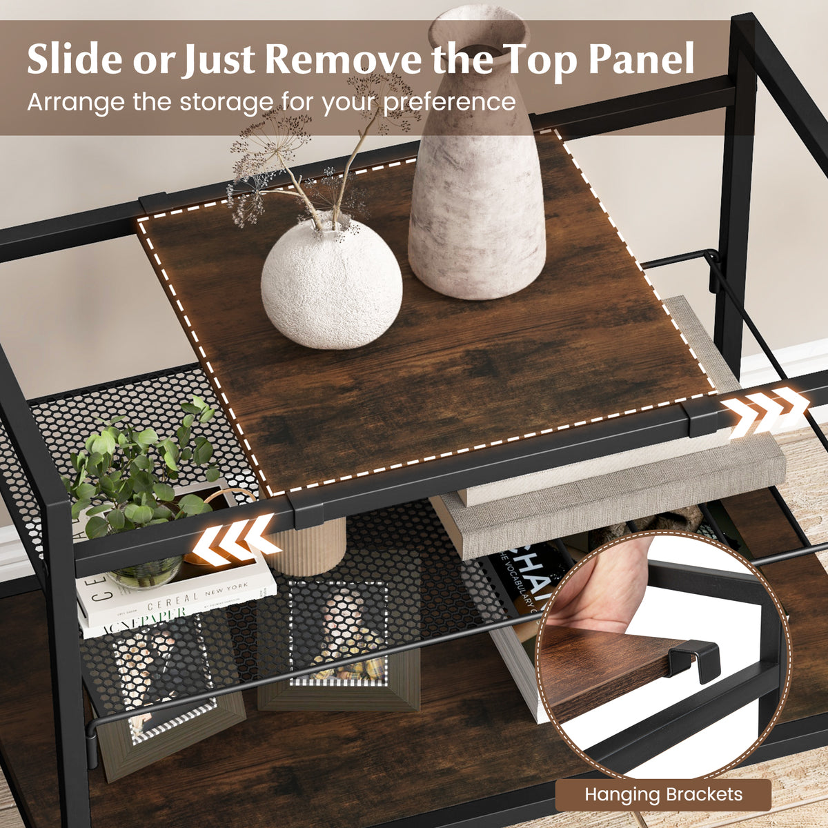 Industrial Entryway Table with Removable Panel and Mesh Shelf-Rustic Brown-End & Side Tables-DECOROLALA