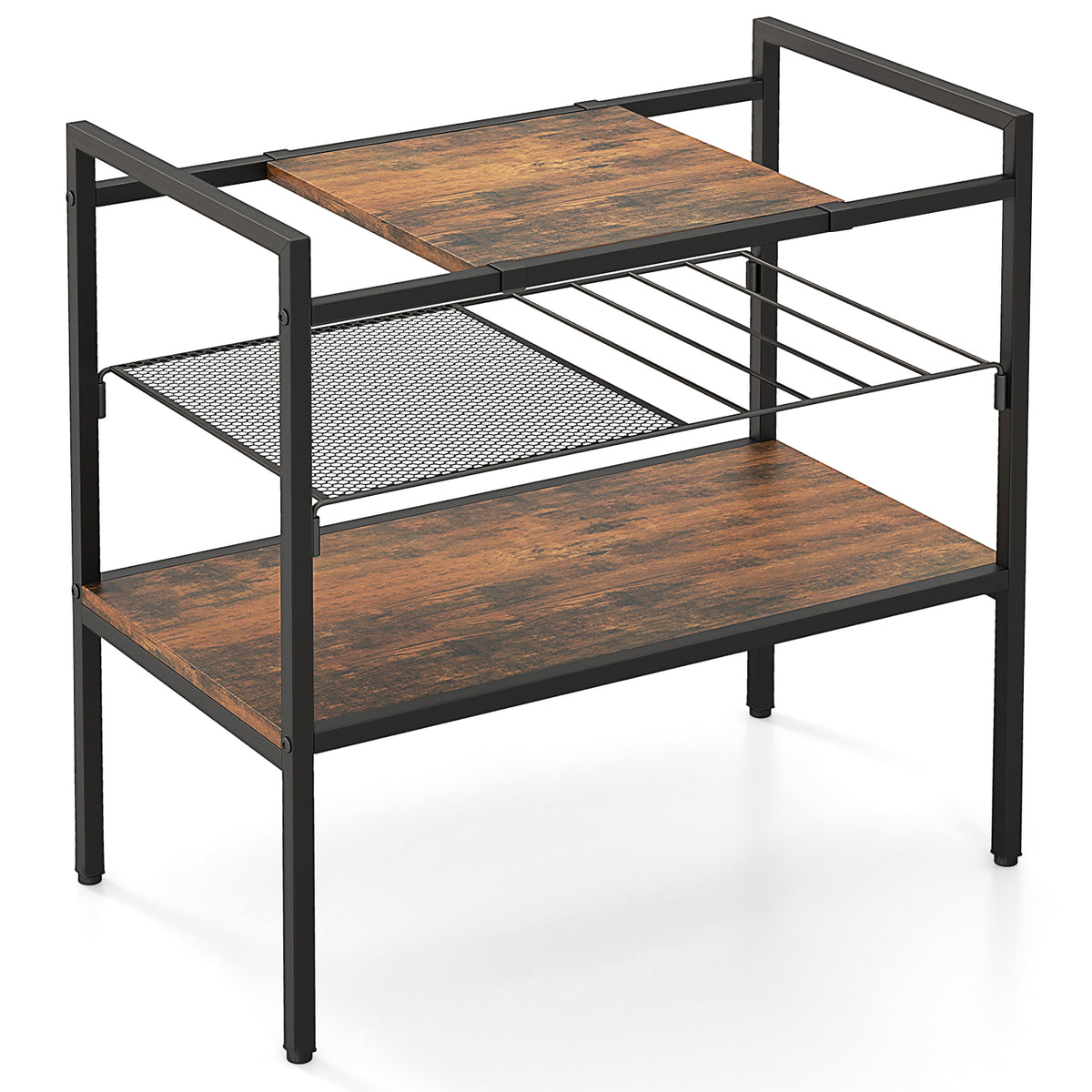 Industrial Entryway Table with Removable Panel and Mesh Shelf-Rustic Brown-End & Side Tables-DECOROLALA