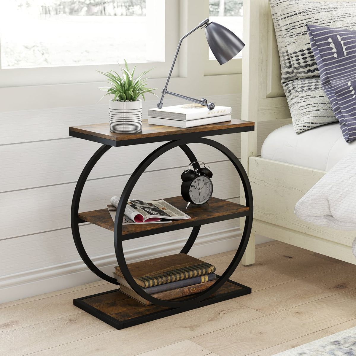 Industrial Faux Marble Side Table with Metal Frame for Living Room Bedroom-Rustic Brown-End & Side Tables-DECOROLALA