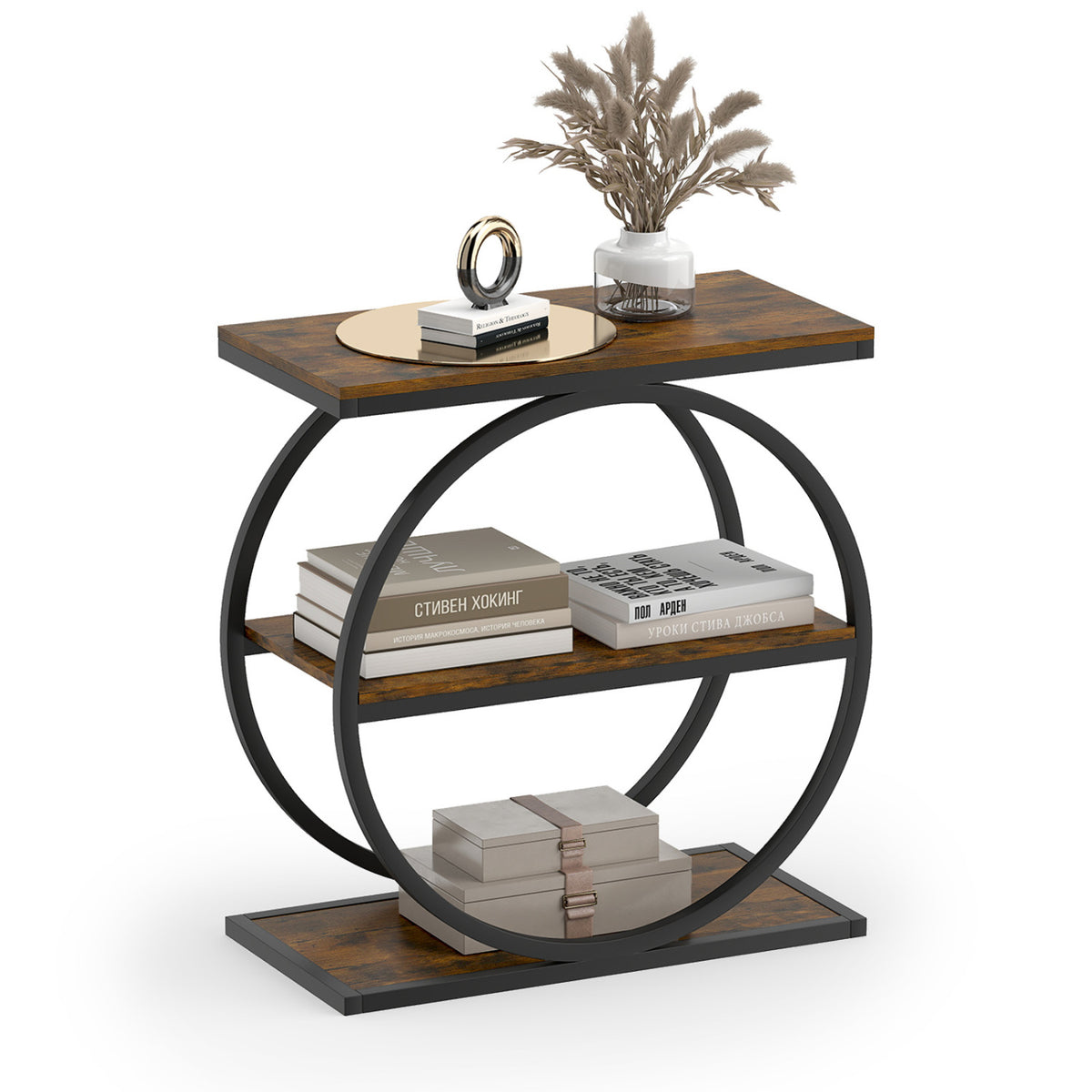 Industrial Faux Marble Side Table with Metal Frame for Living Room Bedroom-Rustic Brown-End & Side Tables-DECOROLALA