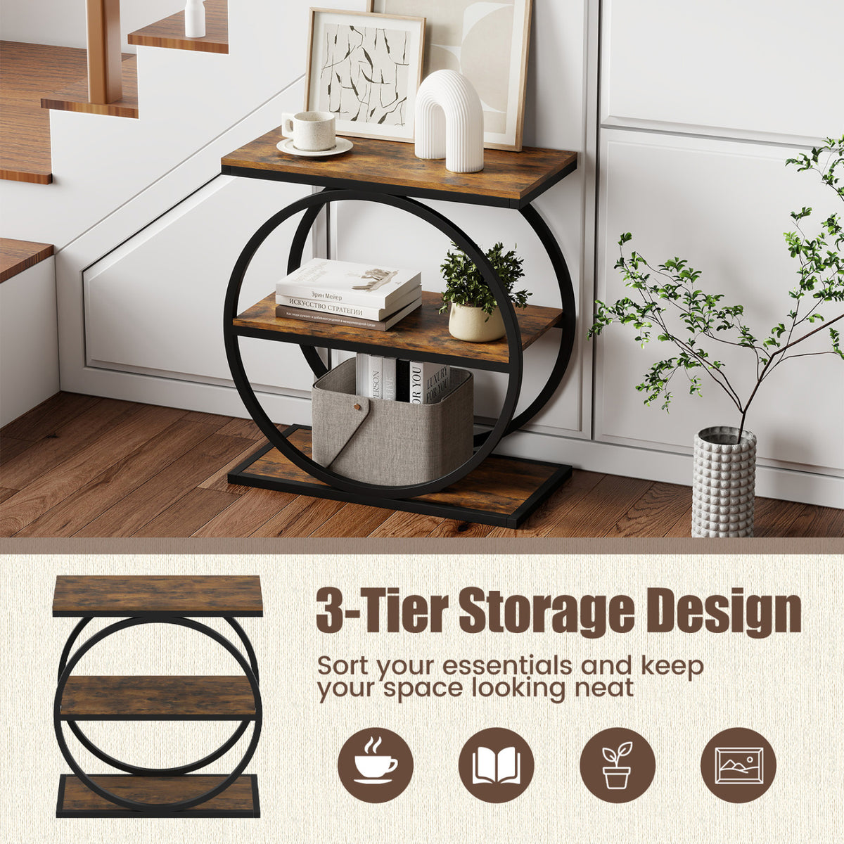 Industrial Faux Marble Side Table with Metal Frame for Living Room Bedroom-Rustic Brown-End & Side Tables-DECOROLALA