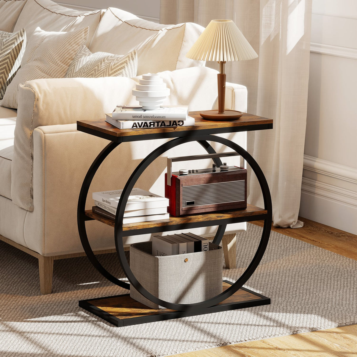 Industrial Faux Marble Side Table with Metal Frame for Living Room Bedroom-Rustic Brown-End & Side Tables-DECOROLALA