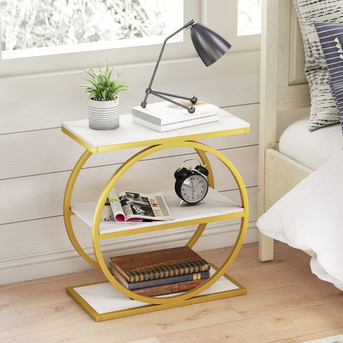 Industrial Faux Marble Side Table with Metal Frame for Living Room Bedroom-White-End & Side Tables-DECOROLALA