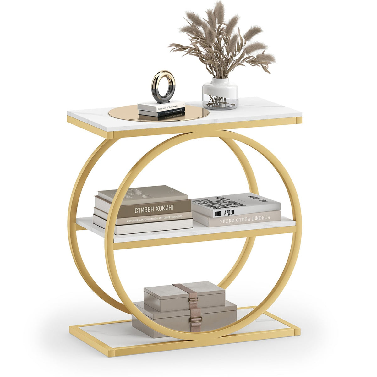 Industrial Faux Marble Side Table with Metal Frame for Living Room Bedroom-White-End & Side Tables-DECOROLALA