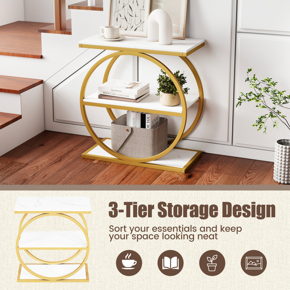 Industrial Faux Marble Side Table with Metal Frame for Living Room Bedroom-White-End & Side Tables-DECOROLALA