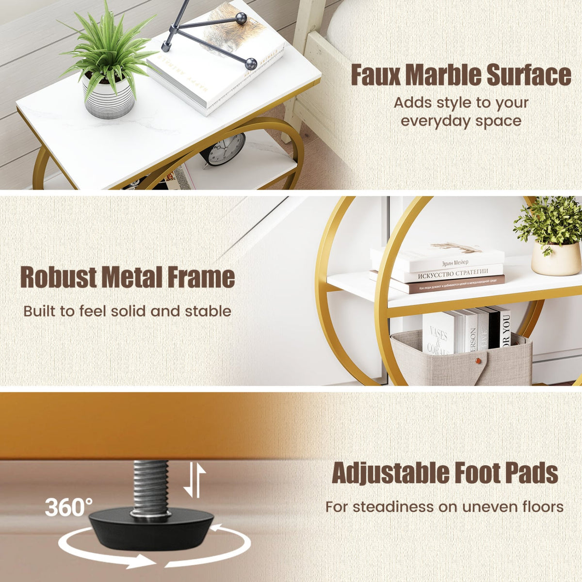Industrial Faux Marble Side Table with Metal Frame for Living Room Bedroom-White-End & Side Tables-DECOROLALA