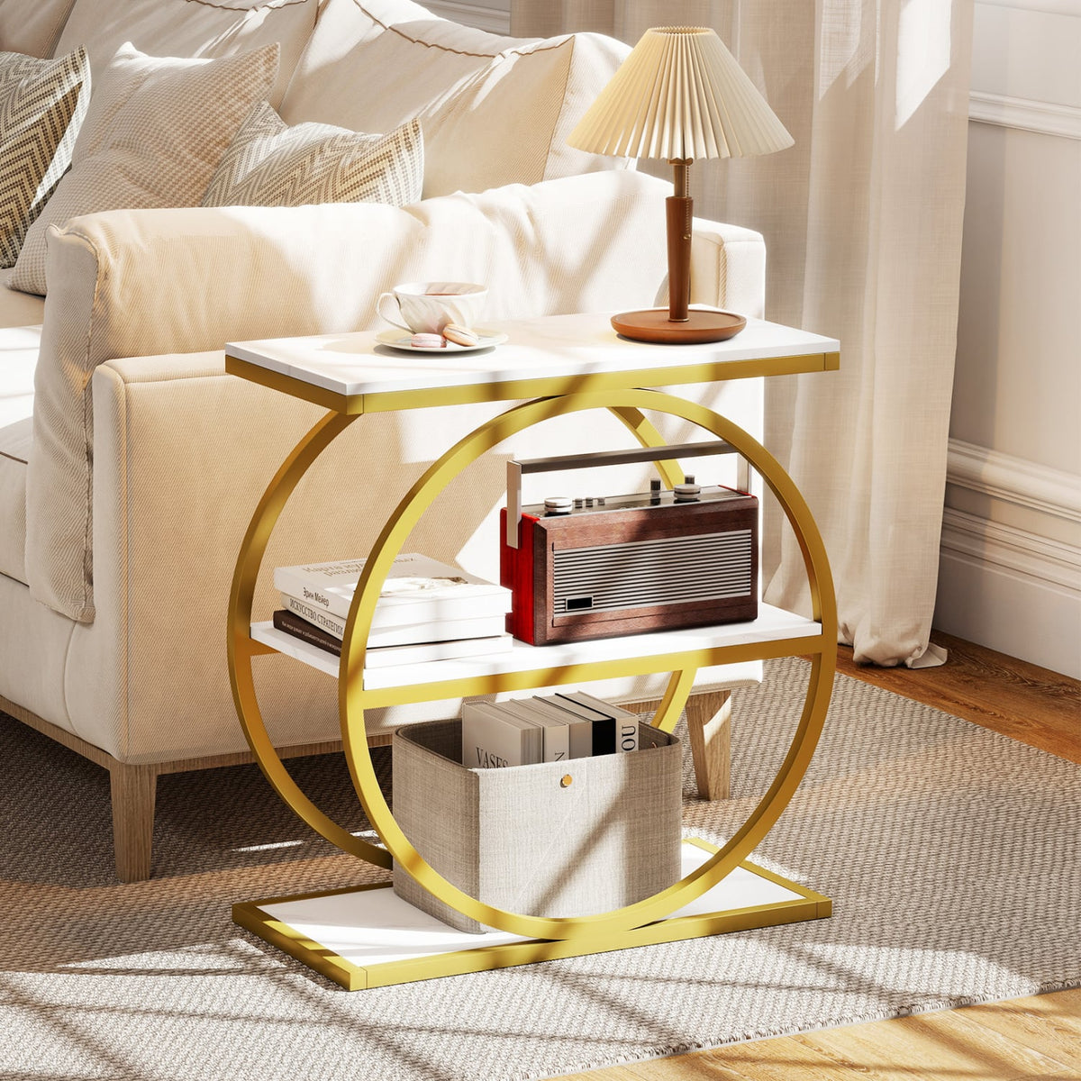 Industrial Faux Marble Side Table with Metal Frame for Living Room Bedroom-White-End & Side Tables-DECOROLALA