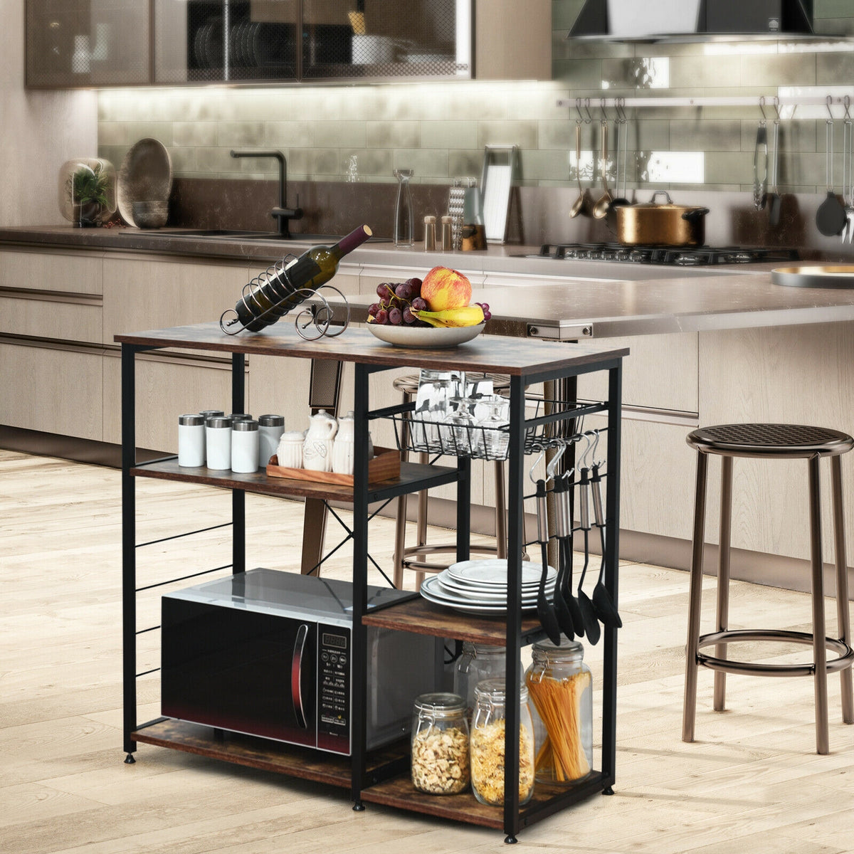 Industrial Kitchen Baker's Rack Microwave Shelf with 6 Hooks-Baker’s Racks-DECOROLALA