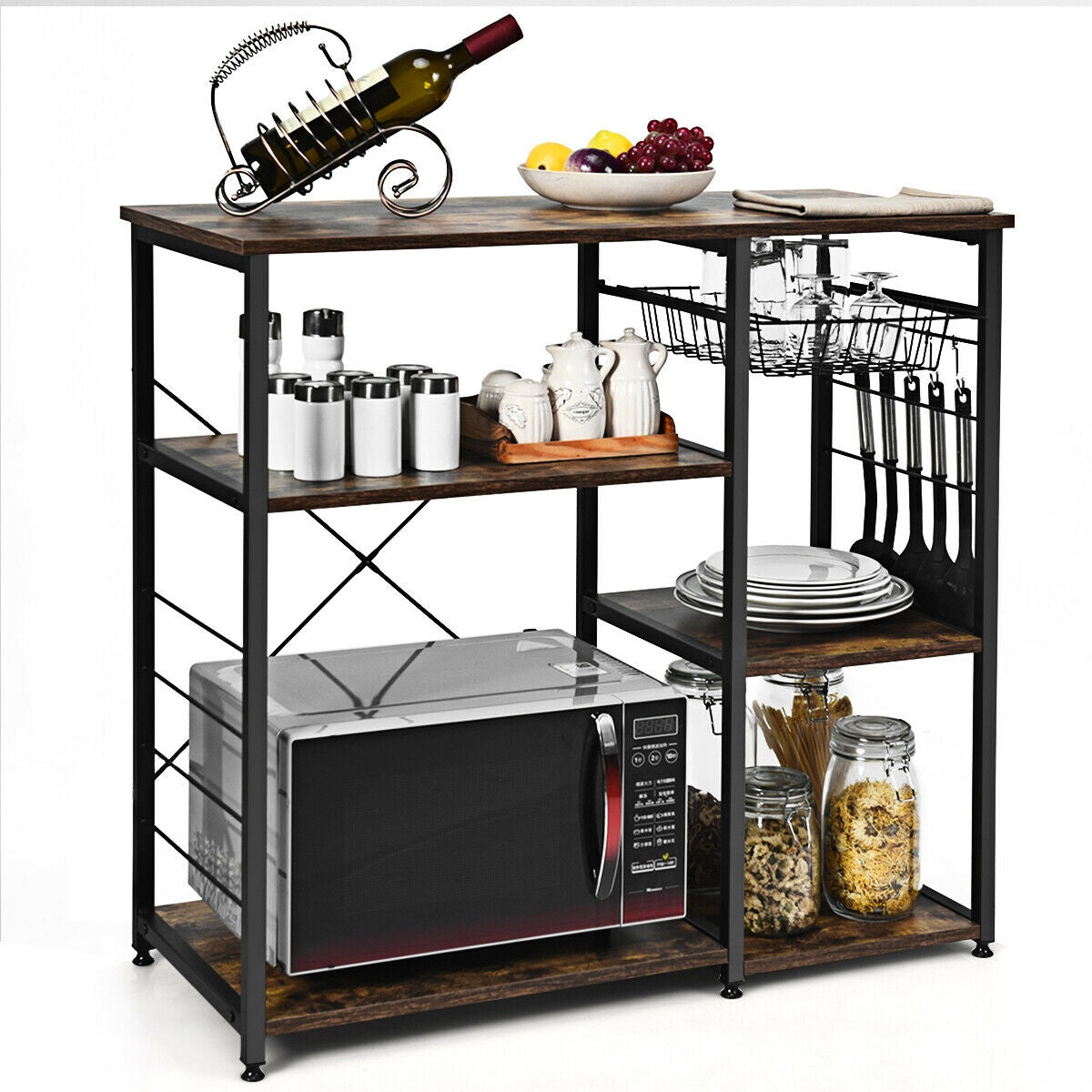 Industrial Kitchen Baker's Rack Microwave Shelf with 6 Hooks-Baker’s Racks-DECOROLALA