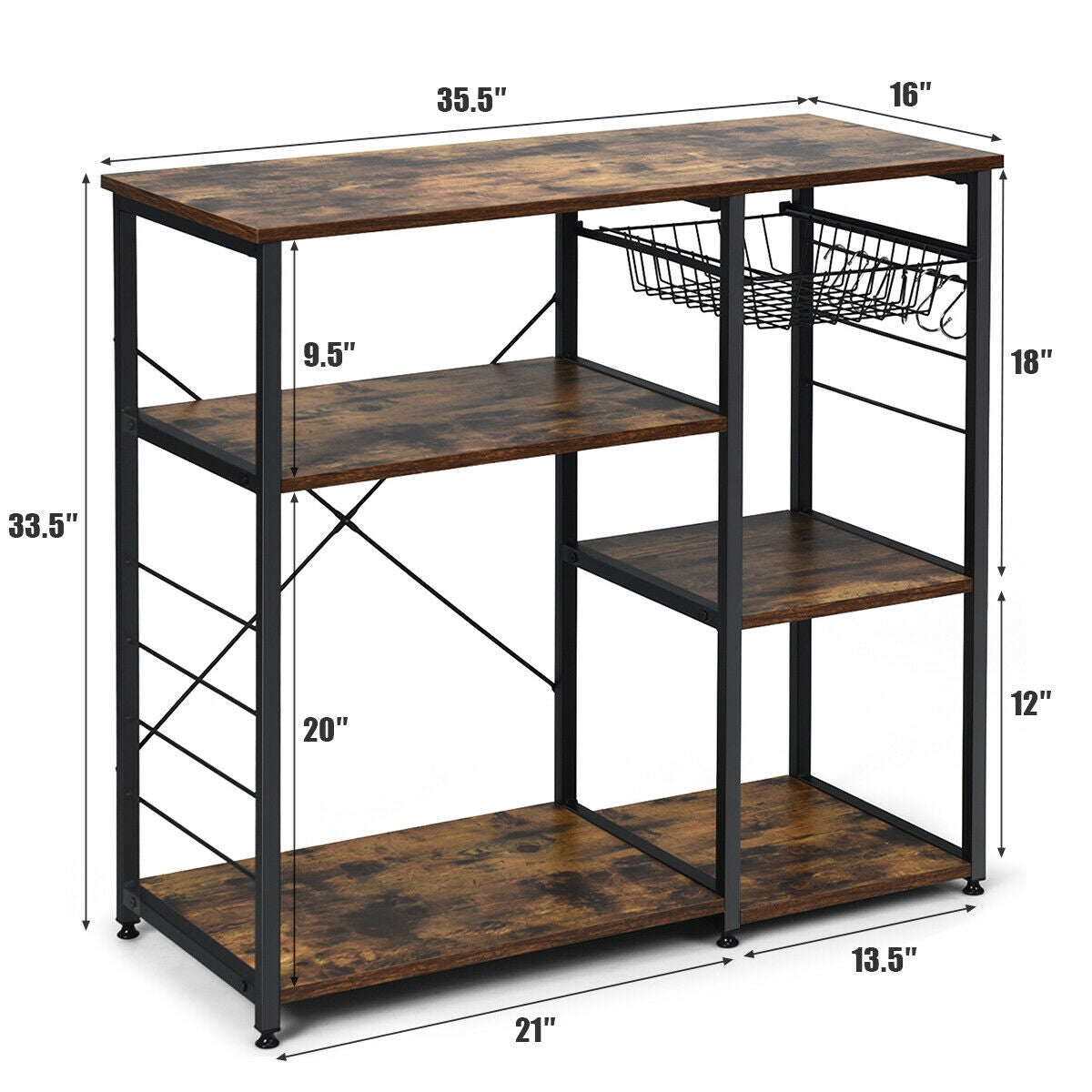 Industrial Kitchen Baker's Rack Microwave Shelf with 6 Hooks-Baker’s Racks-DECOROLALA