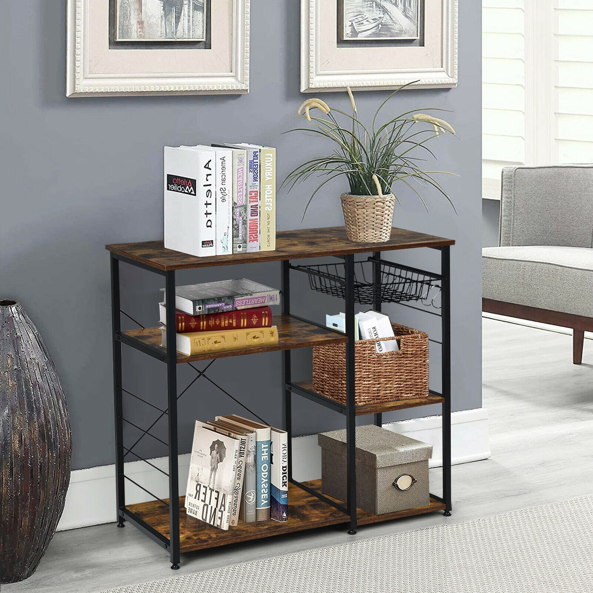 Industrial Kitchen Baker's Rack Microwave Shelf with 6 Hooks-Baker’s Racks-DECOROLALA