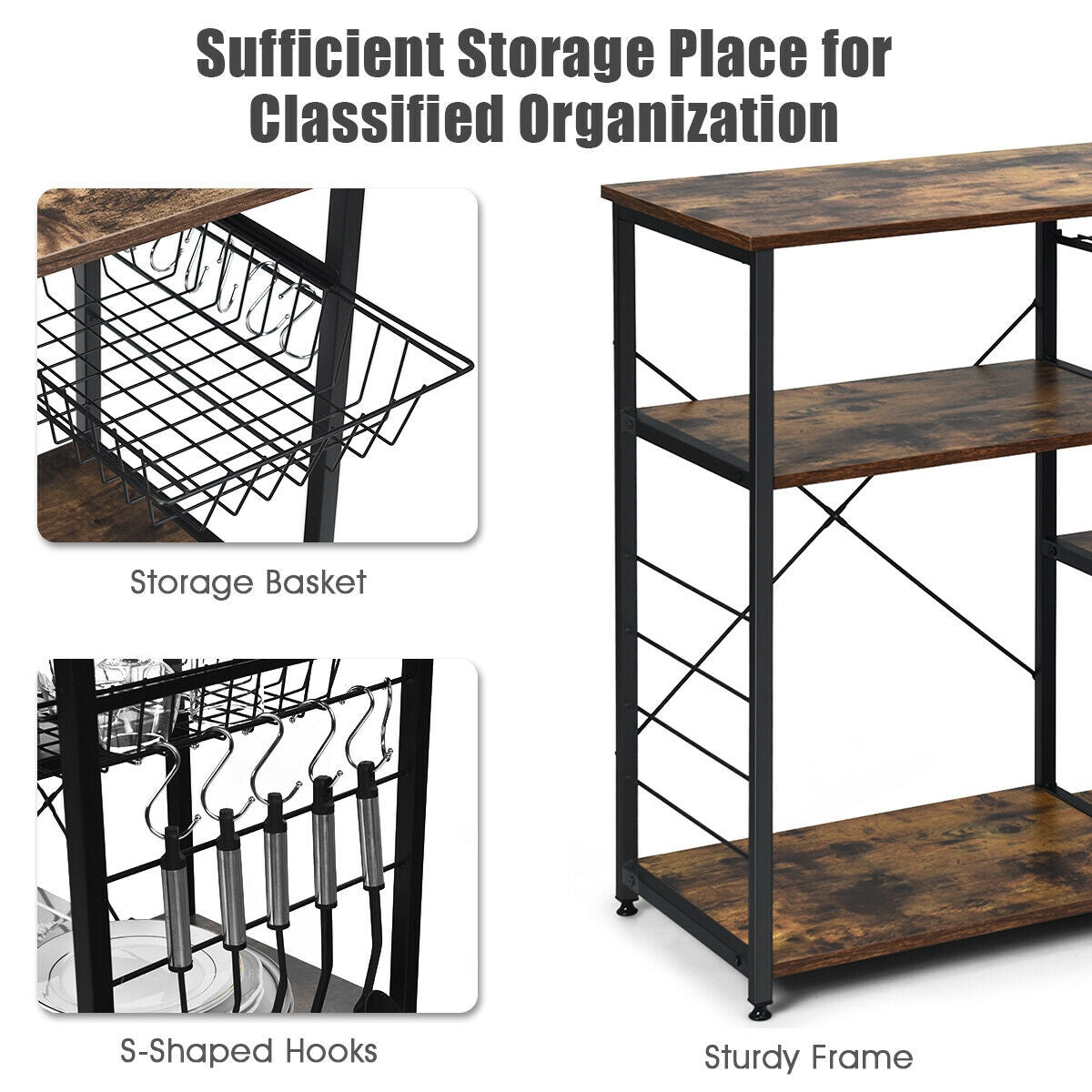 Industrial Kitchen Baker's Rack Microwave Shelf with 6 Hooks-Baker’s Racks-DECOROLALA