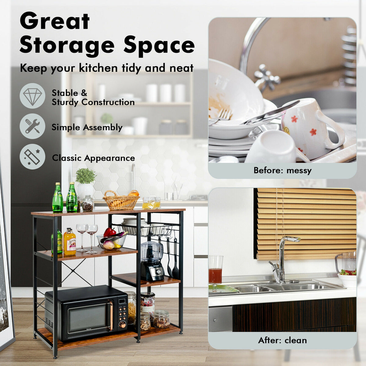 Industrial Kitchen Baker's Rack Microwave Shelf with 6 Hooks-Brown-Baker’s Racks-DECOROLALA