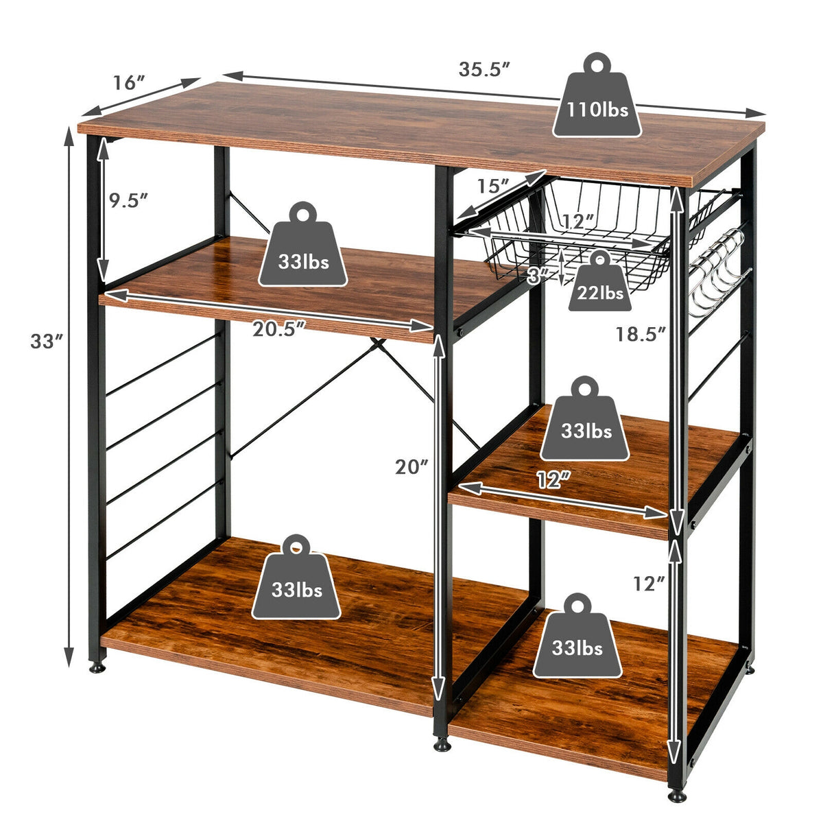 Industrial Kitchen Baker's Rack Microwave Shelf with 6 Hooks-Brown-Baker’s Racks-DECOROLALA
