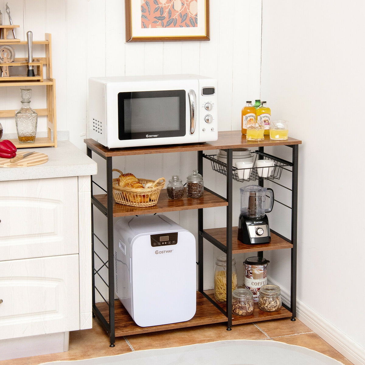 Industrial Kitchen Baker's Rack Microwave Shelf with 6 Hooks-Brown-Baker’s Racks-DECOROLALA