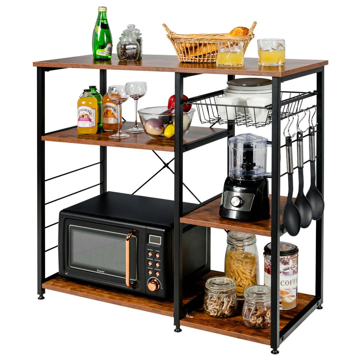 Industrial Kitchen Baker's Rack Microwave Shelf with 6 Hooks-Brown-Baker’s Racks-DECOROLALA